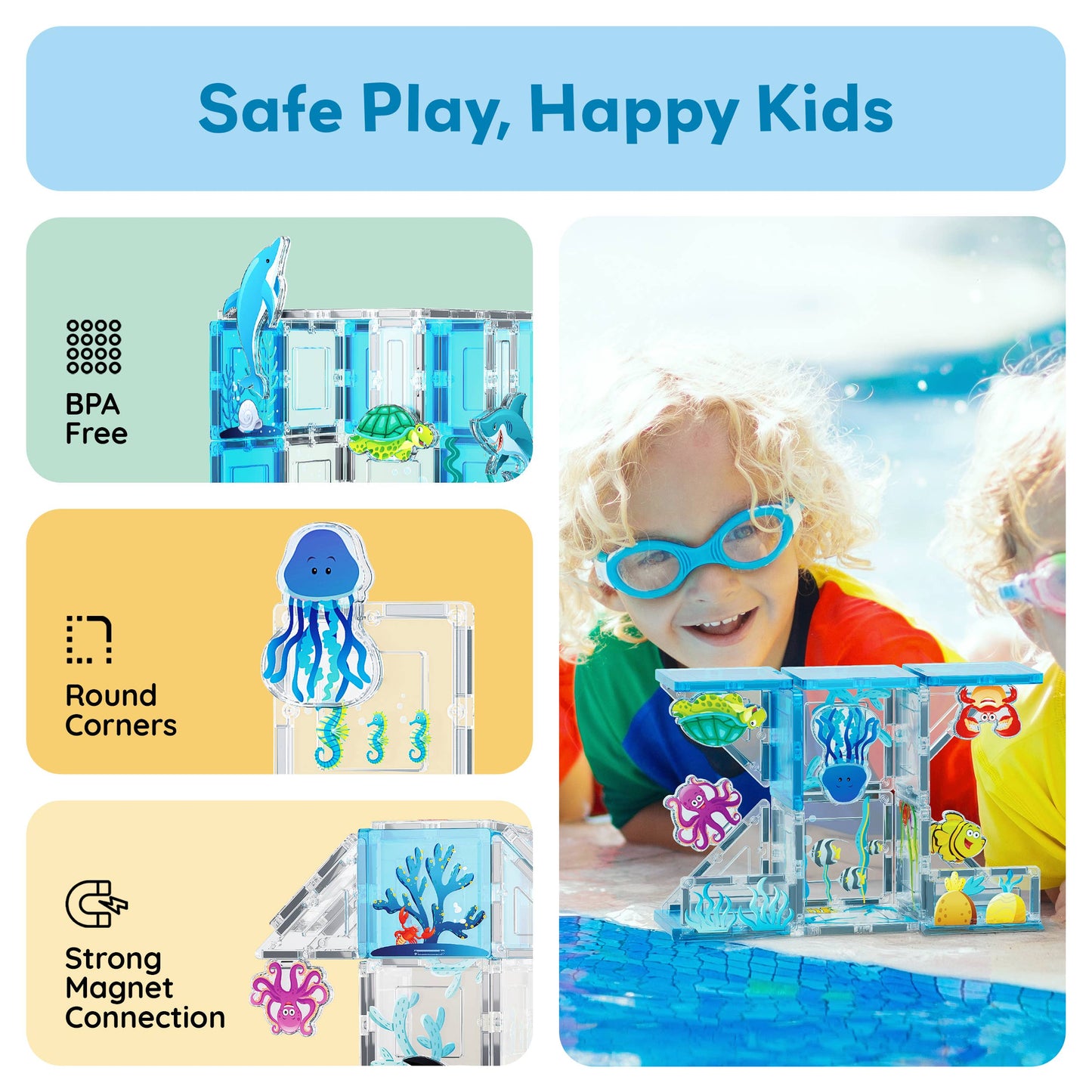 Kids by the pool smile wearing goggles, playing with PicassoTiles 26 Piece Marine World Magnetic Building Set—colorful tiles with ocean animals. BPA free, round corners, and strong magnets ensure safe play. Brand: PicassoTiles.