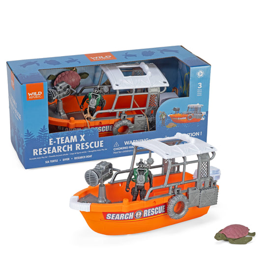 Wild Republic E-Team Research Rescue Toy set includes an orange "Search & Rescue" boat with equipment details, a diver figure, and a sea turtle figure. The set is displayed in front of blue and orange packaging.