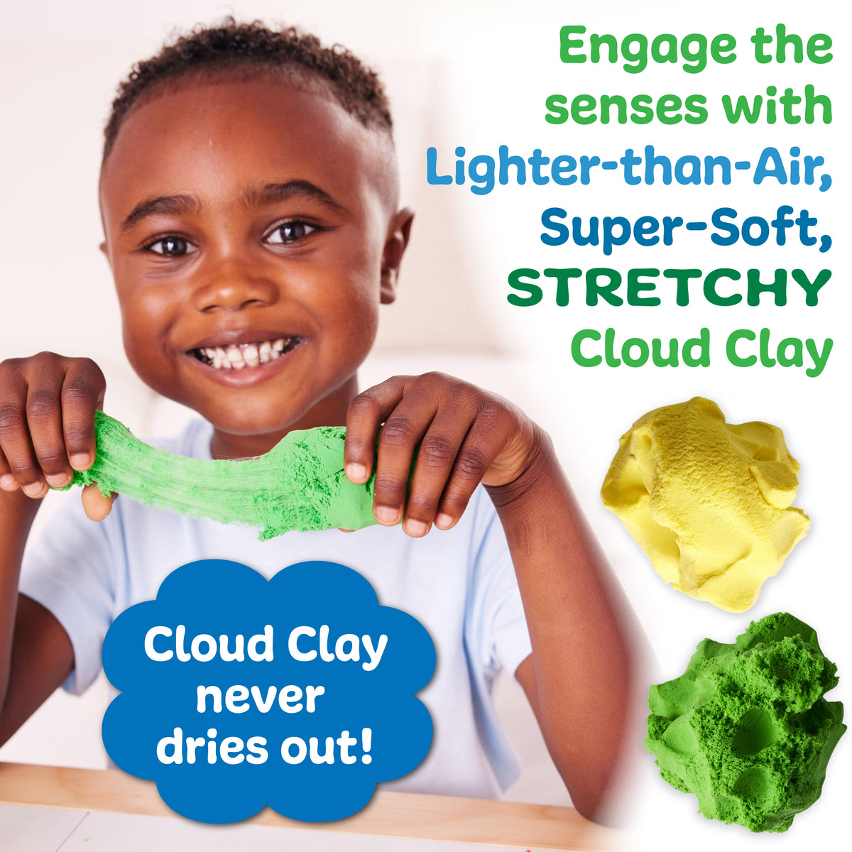 A smiling child stretches green clay from the Sensory Pack Farm On the Go Sensory Play Set for Kids by Faber-Castell / Creativity for Kids; text reads Engage the senses with lighter-than-air, super-soft, stretchy Cloud Clay. Cloud Clay never dries out! Yellow and green clay pieces are shown.