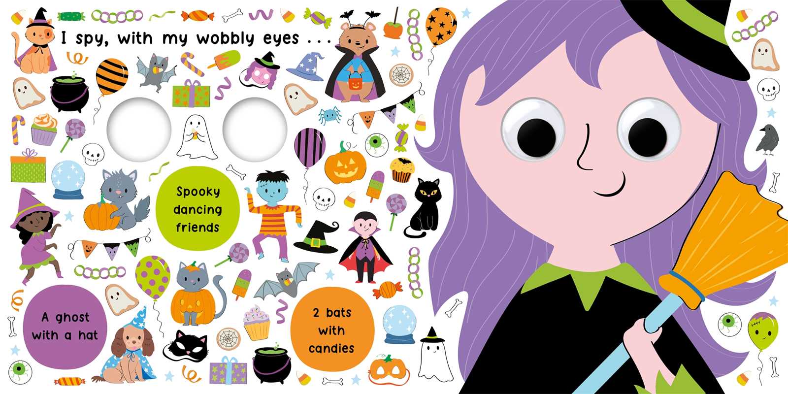 Discover I Spy Spooky by IglooBooks from Simon & Schuster—a colorful Halloween-themed activity page featuring a purple-haired girl dressed as a witch holding a broom. The page is filled with small illustrations of ghosts, pumpkins, candies, bats, and witches, and includes three fun I Spy prompts.