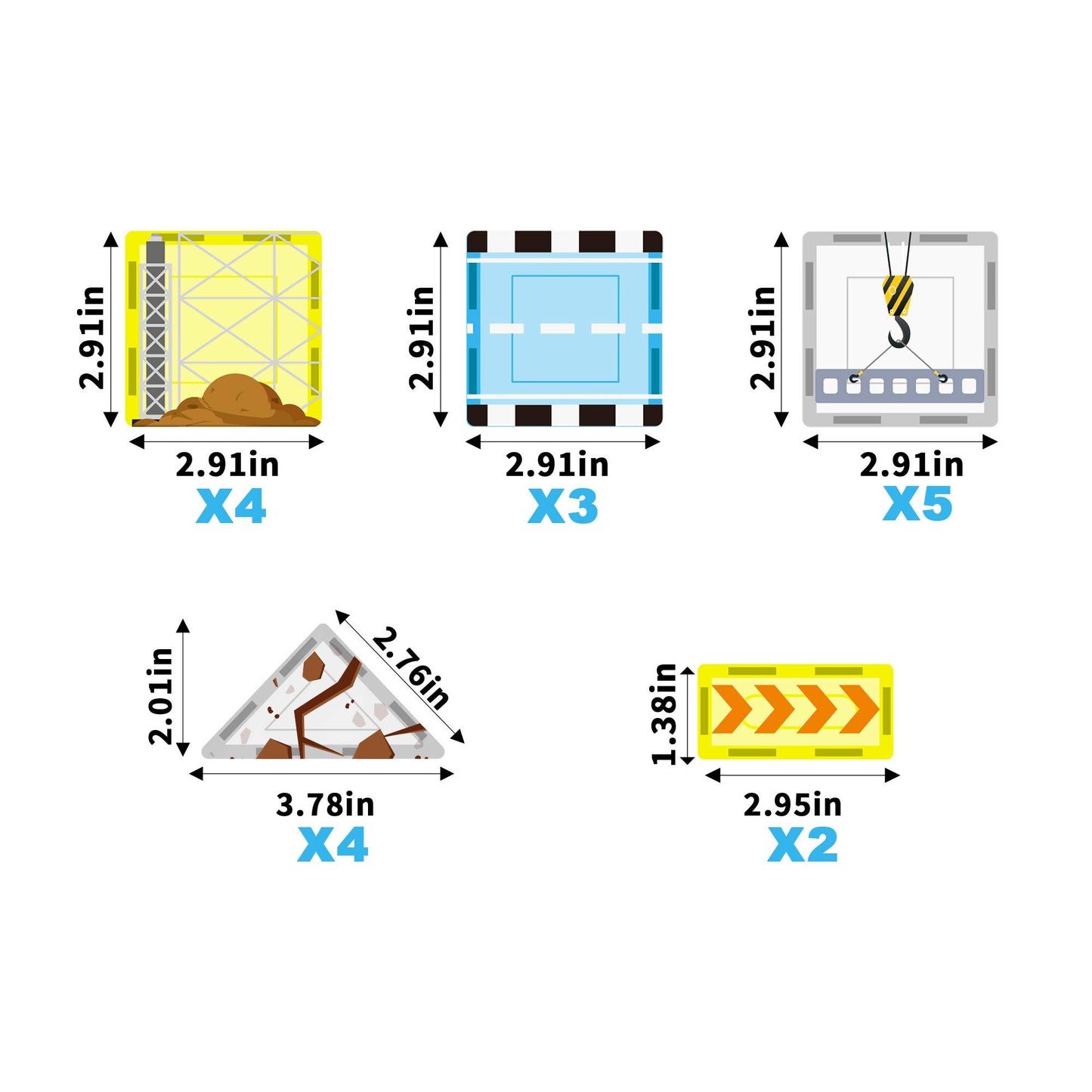 The PicassoTiles 26 Piece Magnetic Building Set Playset by PicassoTiles features construction-themed pieces, including four dirt tiles, three road tiles, five crane tiles, four triangular tiles, and two narrow arrow tiles with measurements in inches.