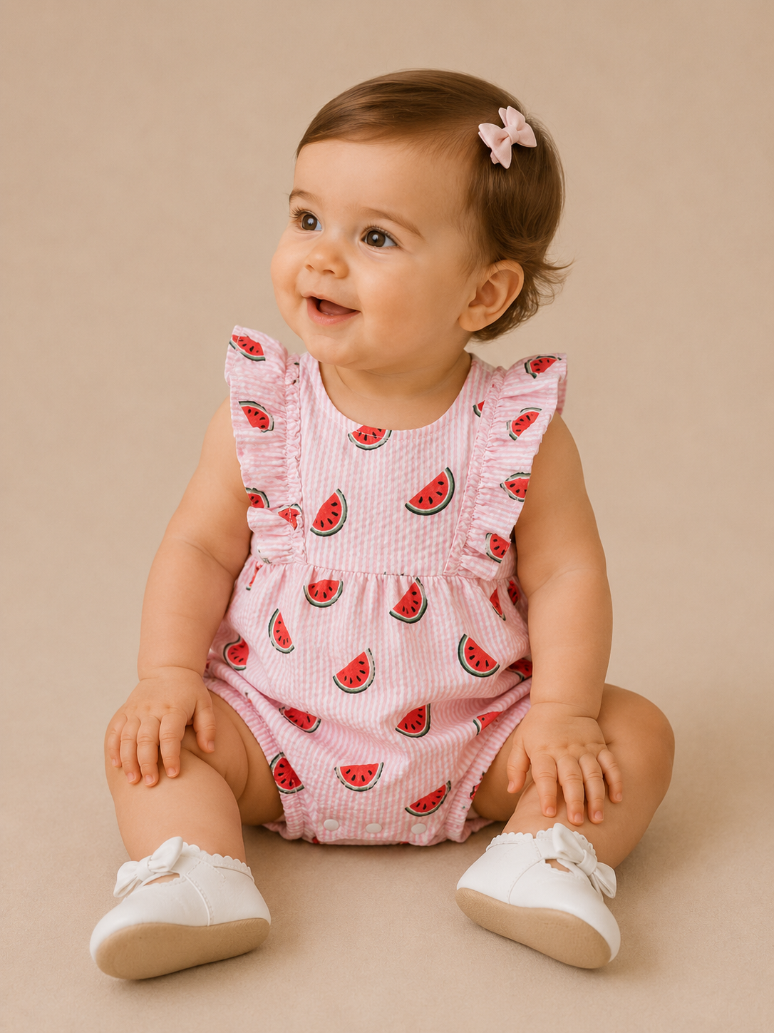 A baby smiles and looks to the side, wearing the Tiny Tot Bundles Pink Picnic Watermelon Romper on a beige background, paired with white shoes with bows and a pink bow hair clip.
