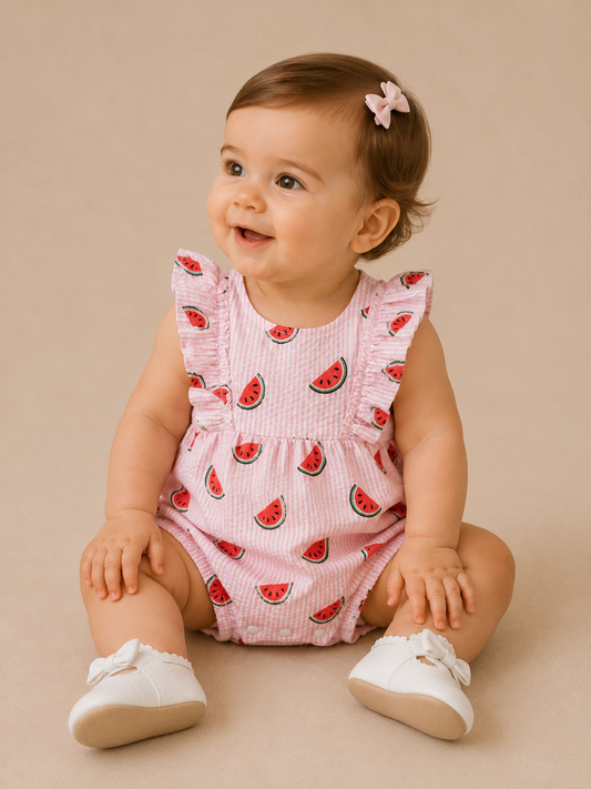 A baby smiles and looks to the side, wearing the Tiny Tot Bundles Pink Picnic Watermelon Romper on a beige background, paired with white shoes with bows and a pink bow hair clip.