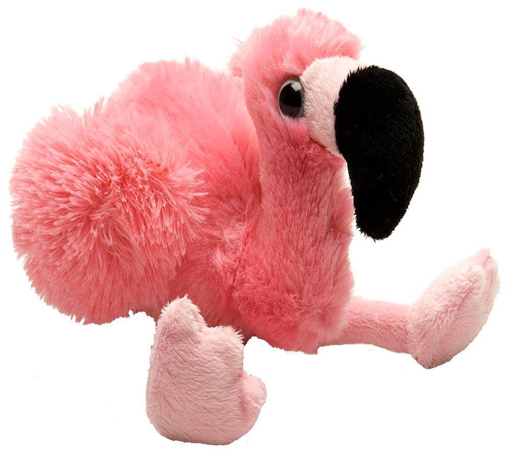 The Wild Republic Mini Flamingo Stuffed Animal is a plush pink toy featuring a fluffy body, black beak, and soft legs, displayed on a white background.