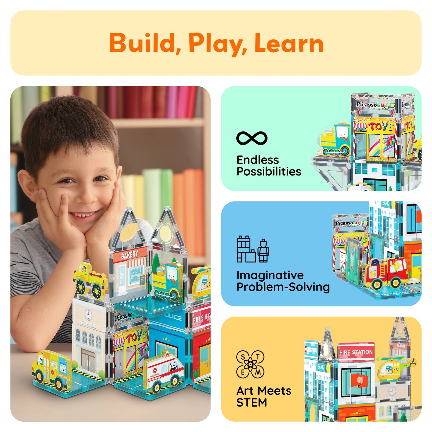 A smiling young boy plays with the PicassoTiles 26pc City Theme Magnetic Tile Building Set by PicassoTiles, creating vehicles and buildings. Beside him: Endless Possibilities, Imaginative Problem-Solving, Art Meets STEM.