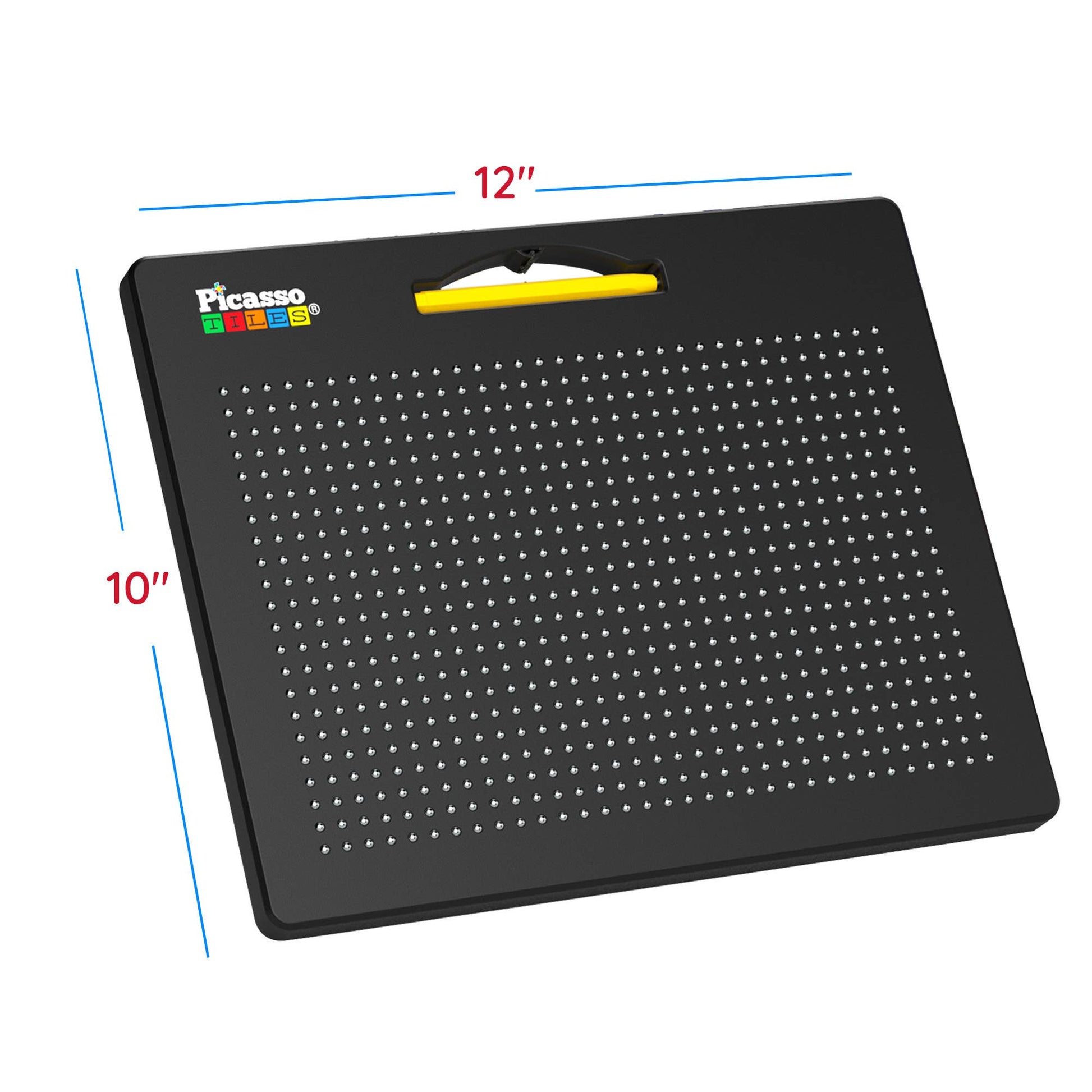 The PicassoTiles Double-Sided Magnetic Drawing Tablet Pad by PicassoTiles is a black 12"x10" board featuring a grid of small holes and includes a yellow stylus stored at the top.