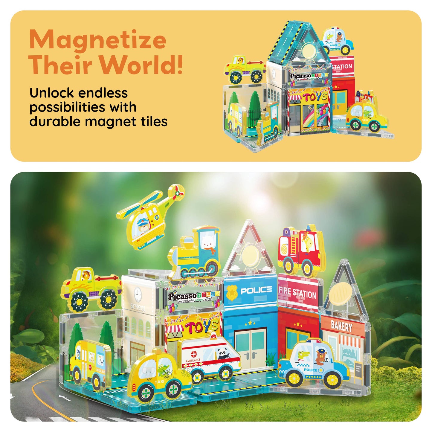 The PicassoTiles 26pc City Theme Magnetic Tile Building Set lets kids build a vibrant city with labeled buildings and vehicles. Magnetize Their World—unlock endless possibilities with PicassoTiles!.