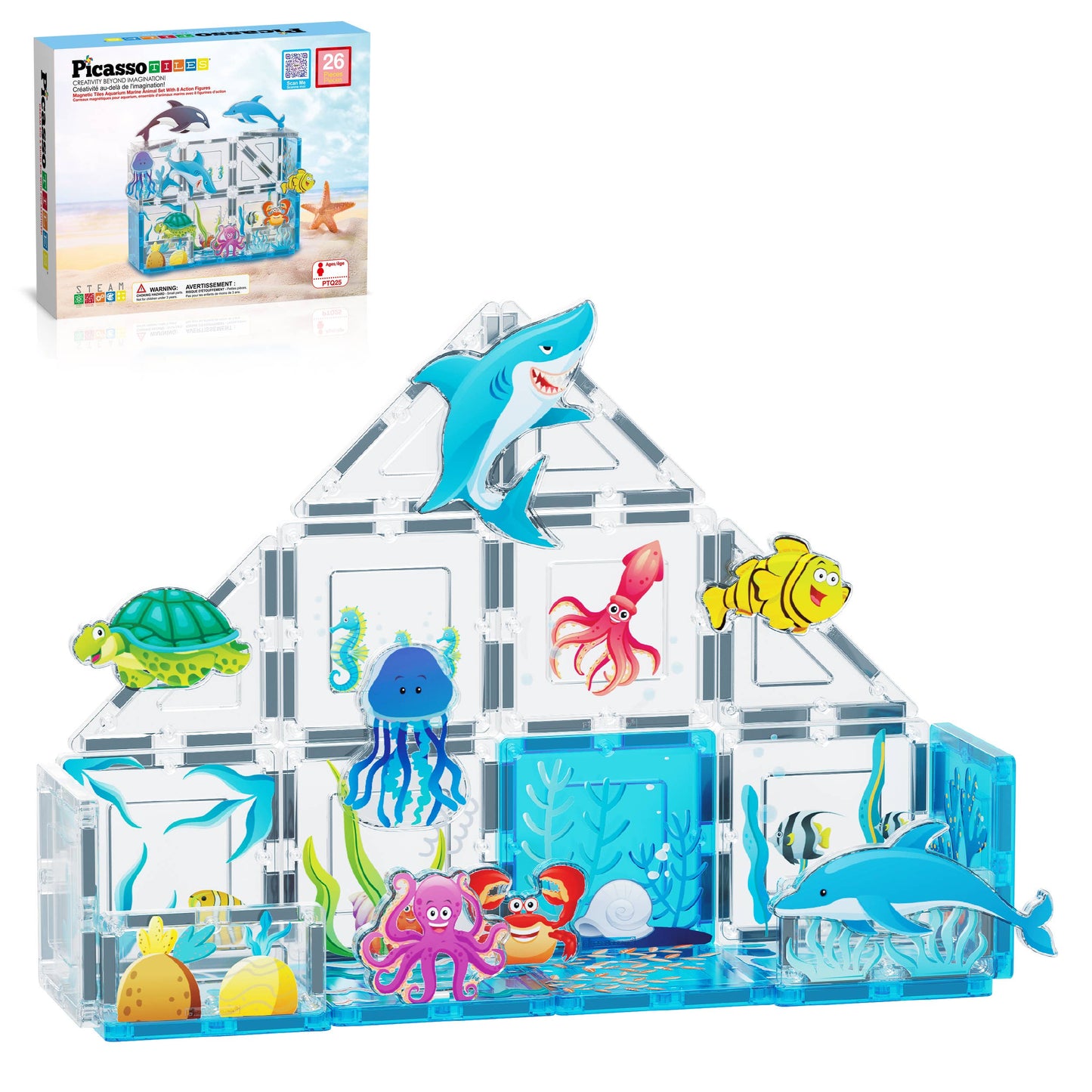 The PicassoTiles 26 Piece Marine World Magnetic Building Set by PicassoTiles creates a clear triangular aquarium with colorful sea creatures like a shark, turtle, octopus, jellyfish, crab, and dolphin. The product box appears in the top left corner.