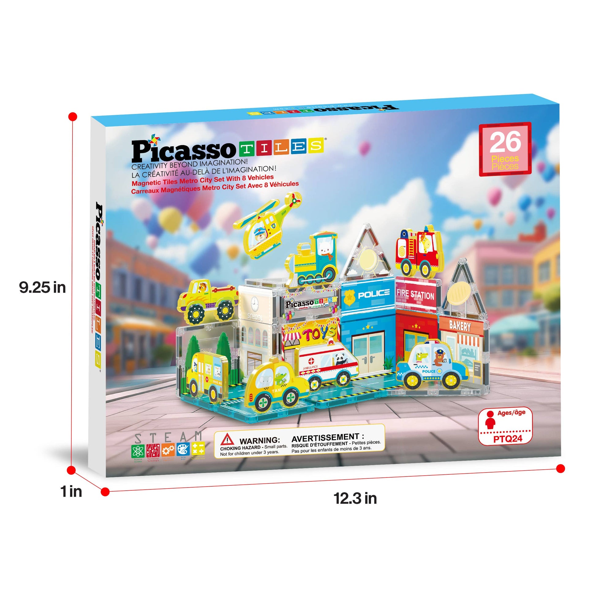 The PicassoTiles 26pc City Theme Magnetic Tile Building Set features city scenes with vehicles and buildings. The box measures 12.3 x 9.25 x 1 inches and is recommended for ages 3 and up.