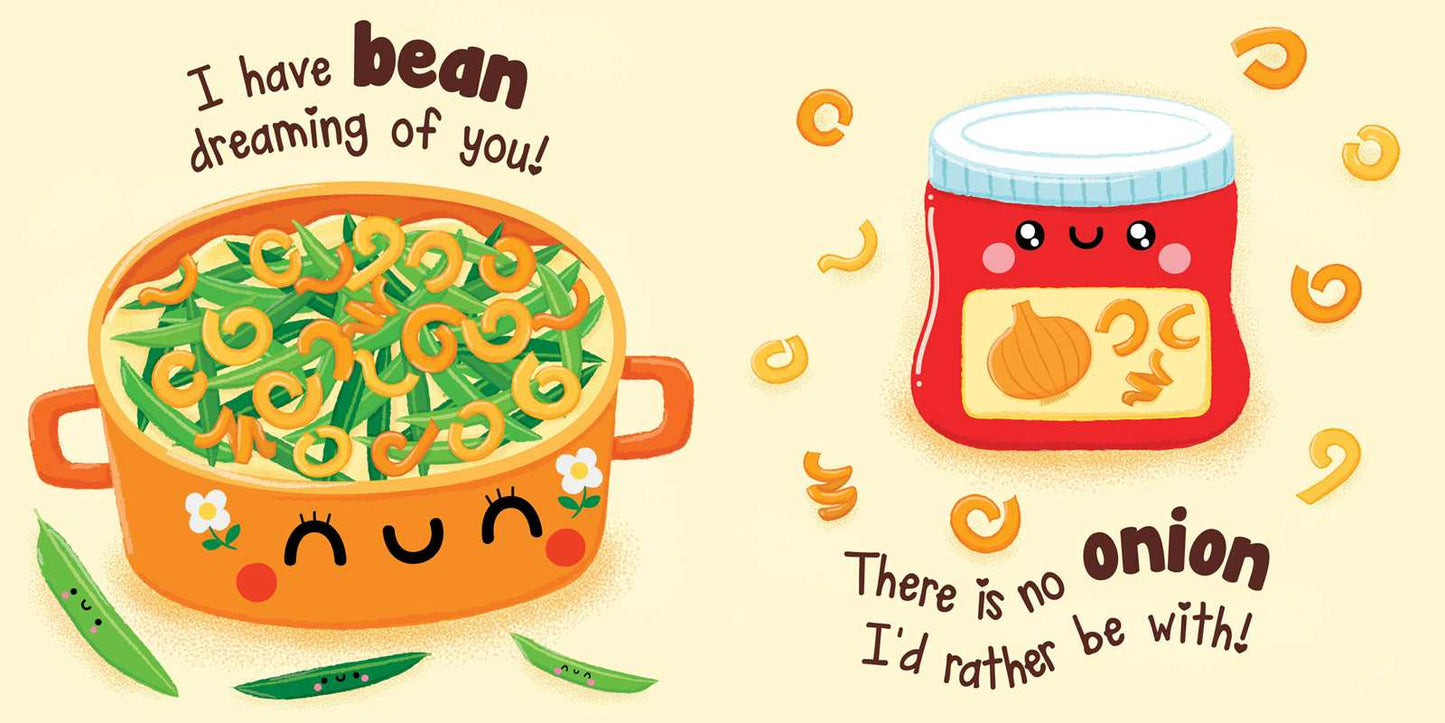 A cheerful pot labeled “Pumpkin Spice & Everything Nice by Dienesa Le” and an adorable jar sporting a Simon & Schuster brand onion label share puns: “I have bean dreaming of you!” and “There is no onion I’d rather be with!” surrounded by scattered beans and pasta.