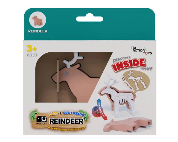 The Triaction STEM Magnetic Puzzle Toys for ages 3+ includes a boxed 3D magnetic reindeer model. The packaging showcases its educational value, plus kids can explore the inside of the reindeer for interactive learning.