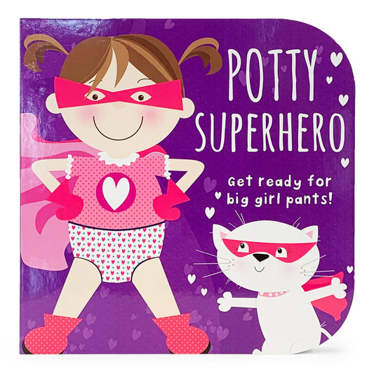 Sure! Here’s a rewritten version using your product data: Illustration from Cottage Door Press’s Potty Superhero Girl: a smiling girl in a superhero costume and underwear stands confidently next to her masked, caped cat. A purple background with hearts and the words “Potty Superhero” set the scene. Perfect for potty training girls, this playful picture encourages your little one to get excited for big girl pants!.