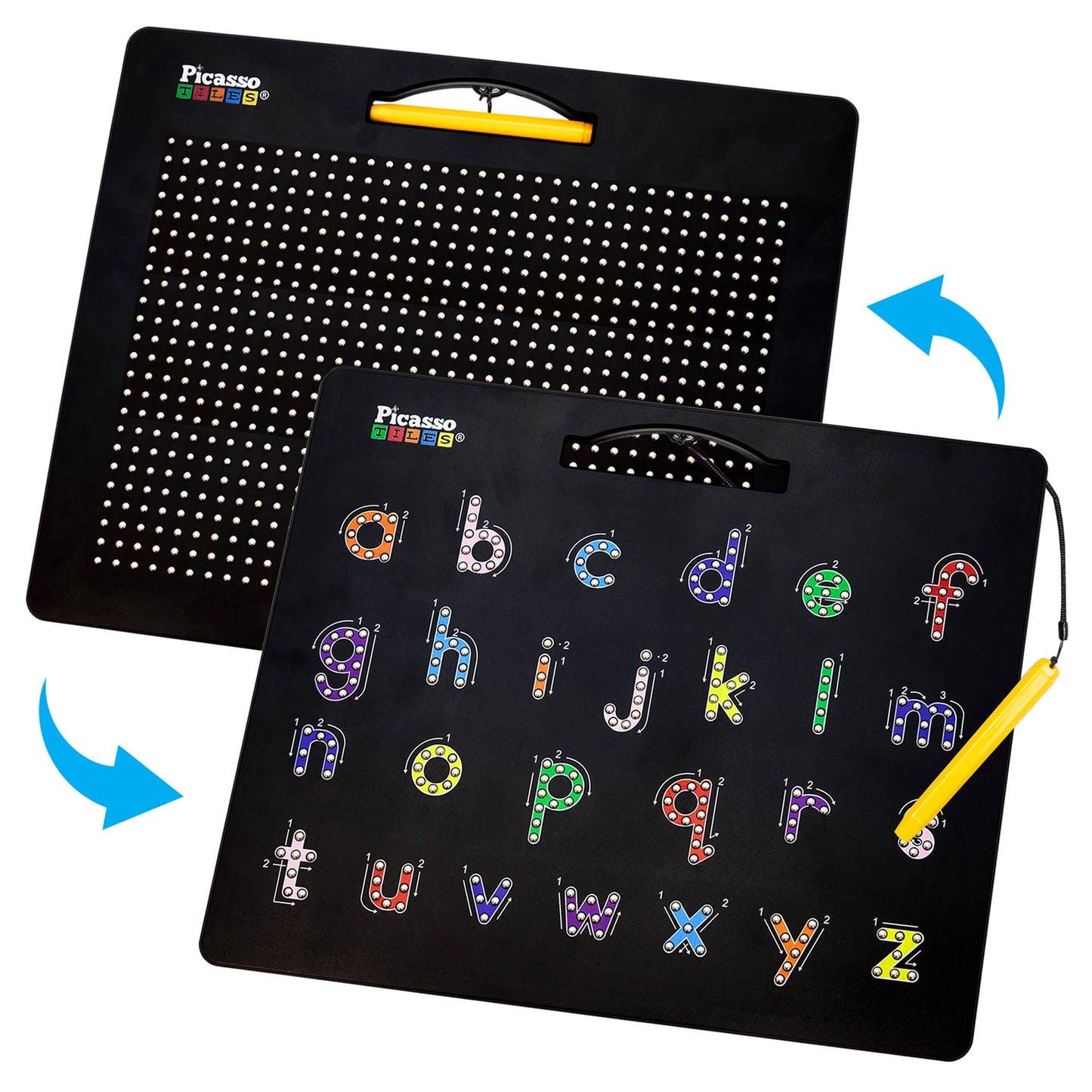 The PicassoTiles Double-Sided Magnetic Drawing Tablet Pad by PicassoTiles features two black boards—one with small holes, the other with colorful lowercase letters and dotted lines. Both include a yellow stylus, handle, and blue arrows indicating rotation.