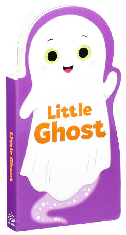 A children’s board book titled “Little Ghost by Maggie Fischer,” from Simon & Schuster, is shaped like a smiling ghost and features the cover against a purple background.