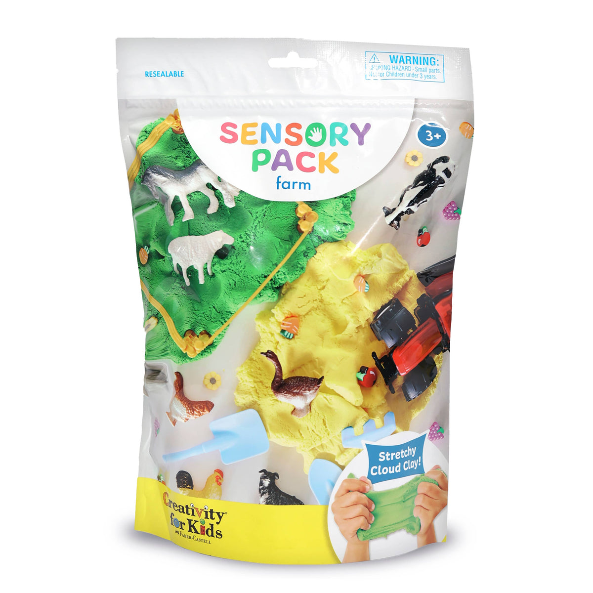 A resealable Sensory Pack, labeled “Farm On the Go Sensory Play Set for Kids,” includes green and yellow clay, plastic farm animals, a red tractor, and blue molds. Suitable for ages 3 and up. Faber-Castell / Creativity for Kids branding appears at the bottom.