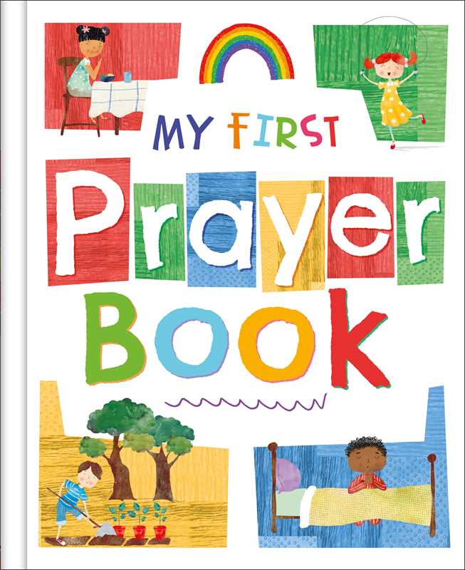 Colorful illustrated cover of Simon & Schuster’s My First Prayer Book, with playful letters, a rainbow, and children praying, playing, and reading in vibrant scenes.