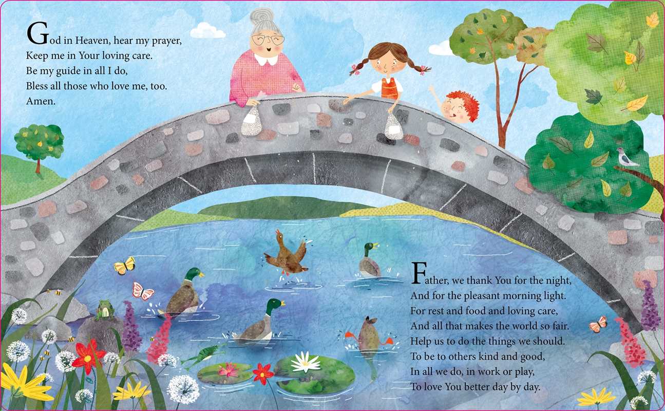 The cover of Simon & Schuster's "My First Prayer Book" shows children, an elderly woman, and a dog on a stone bridge over a pond with ducks amid flowers and trees, with prayers artfully written on the sky and water.