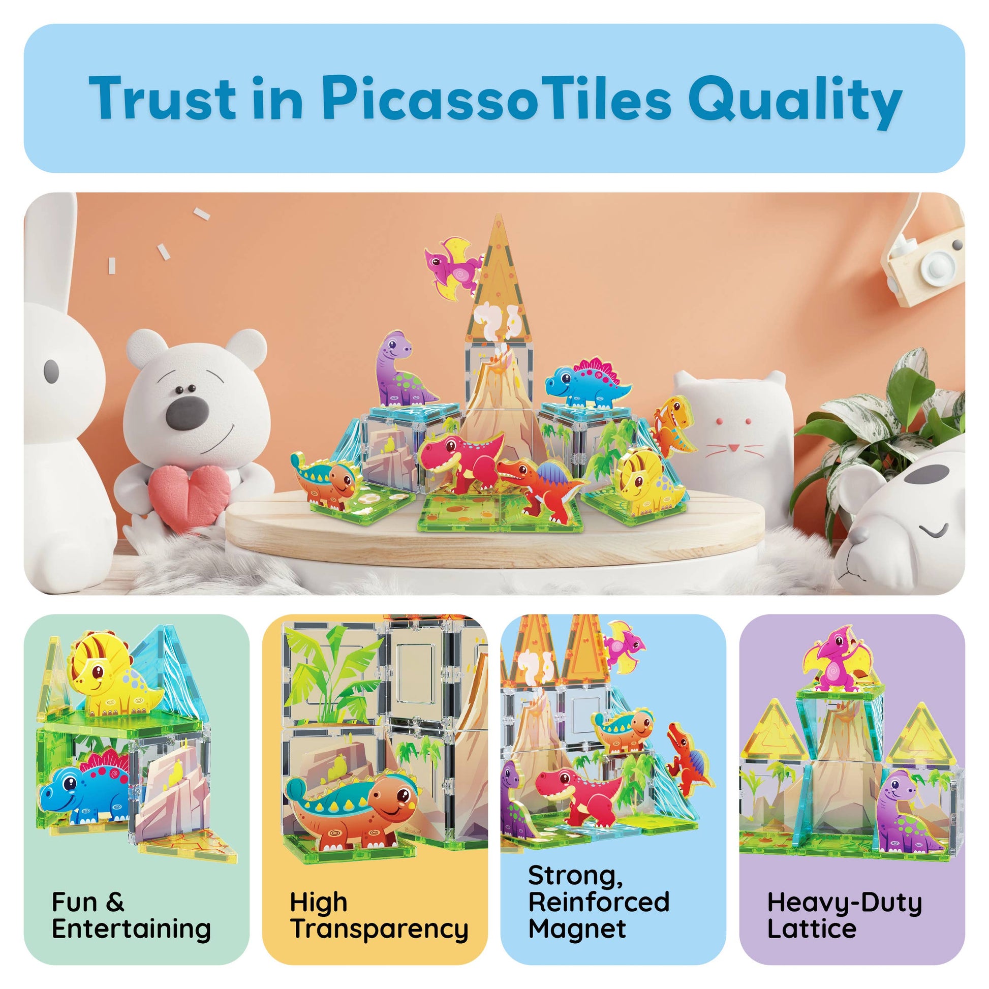The PicassoTiles 26pc Dino Theme Magnetic Tile Building Set by PicassoTiles is shown on a table with plush toys. Four icons below highlight its entertainment value, high transparency, strong magnets, and heavy-duty lattice design.