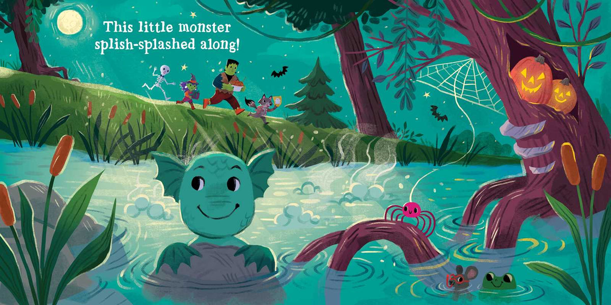 In the playful Halloween scene from *This Little Monster* by Dori Elys (Simon & Schuster), a green monster grins in a pond as costumed children dash along a winding path. Nearby, pumpkins, a spider, bats, and a mouse add to the festive fun. The text reads: “This little monster splish-splashed along!”.