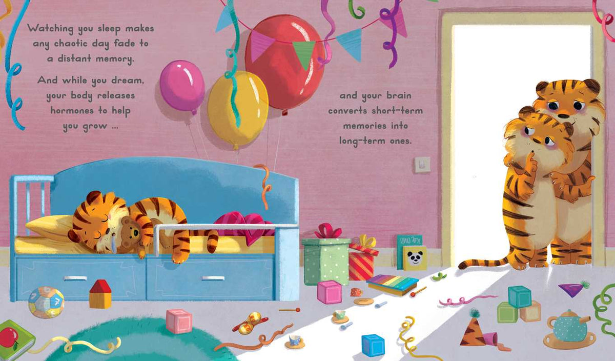 A vibrant children’s room features a "Now You Are 3 Book" by Simon & Schuster among balloons and toys. A tiger cub sleeps on the bed, an adult tiger hugs another cub near the door, and sleep and memory facts are written on the pink wall.