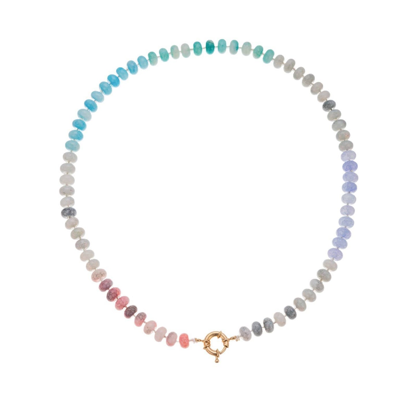 JOSSLYN by wall to wall Natural Stone Glass Mixed Necklace featuring a gradient of blue, green, gray, and pink stones, finished with a gold circular clasp at the bottom center.