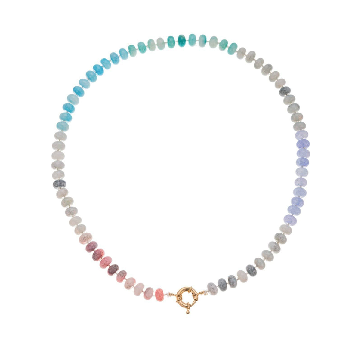 JOSSLYN by wall to wall Natural Stone Glass Mixed Necklace featuring a gradient of blue, green, gray, and pink stones, finished with a gold circular clasp at the bottom center.