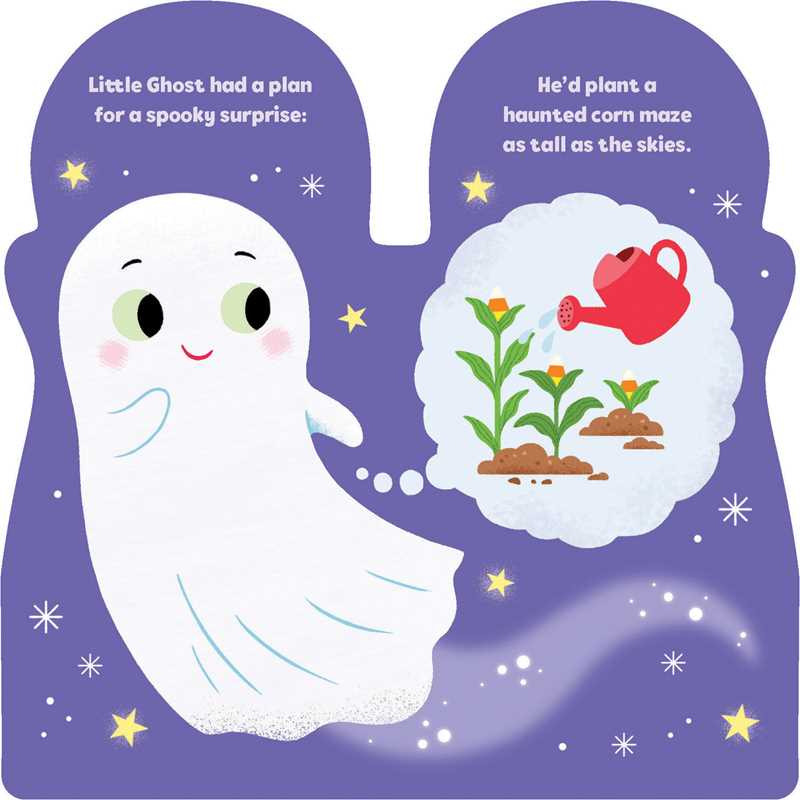 A cute white ghost from the book “Little Ghost by Maggie Fischer” imagines watering tall corn plants with a red watering can, planning to create a haunted corn maze as a spooky surprise. Stars decorate the purple background, with text describing the ghost’s mischievous plan. Published by Simon & Schuster.