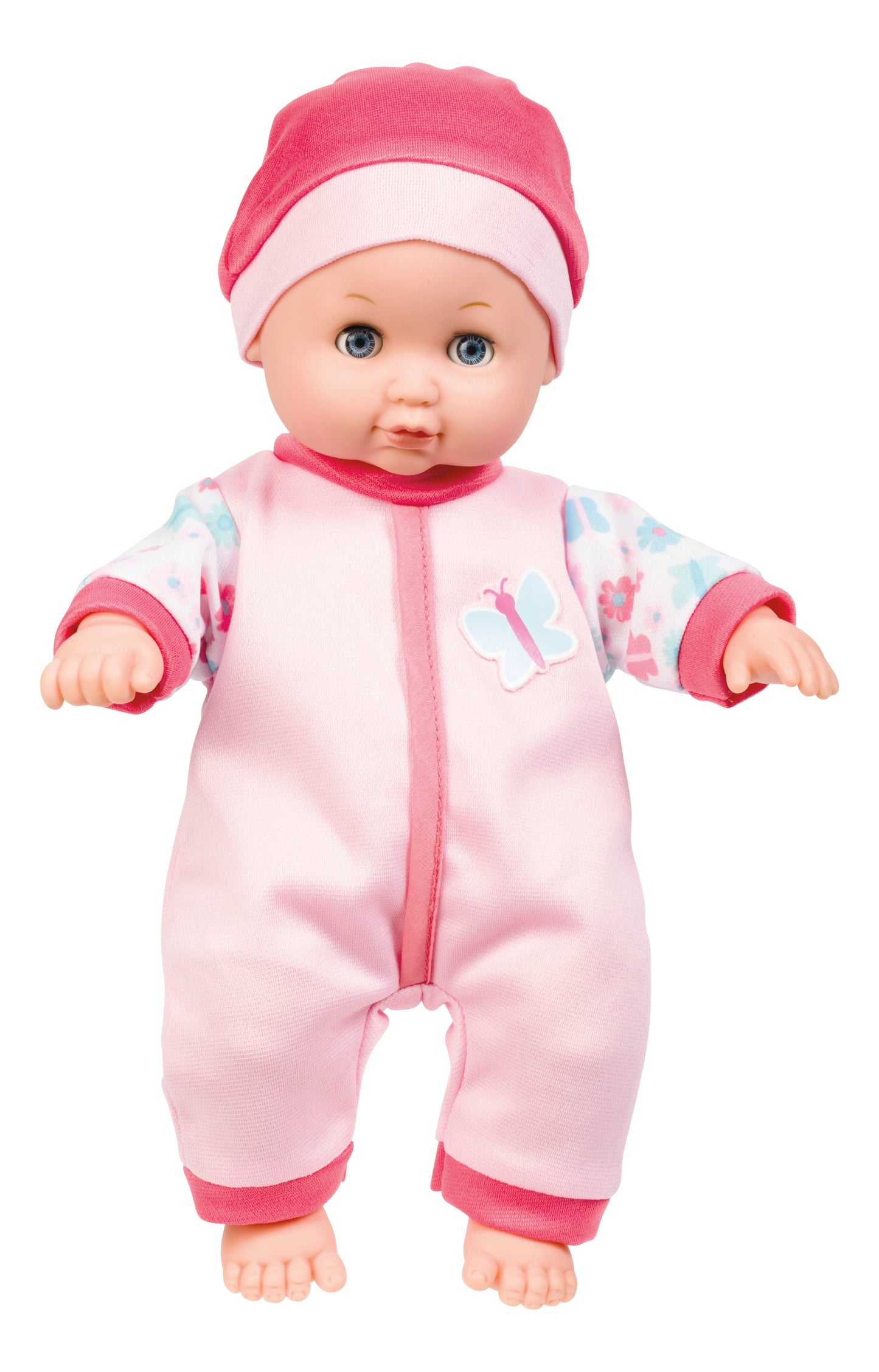 The Toysmith My Sweet Baby Deluxe Baby Ensemble 12-Piece Doll Playset features a baby doll dressed in a pink hat and pink outfit with a butterfly patch, posed against a white background—an ideal addition to any playset or for inspiring imaginative pretend play.
