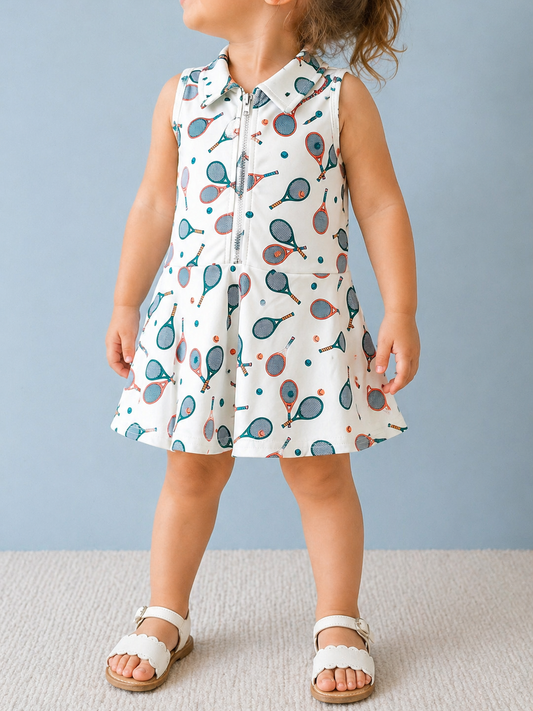 A toddler wears the Tiny Tot Bundles Green Quarter Zip Tennis Dress, featuring a tennis-themed print. She stands on a light carpet in white sandals against a light blue background, with her face partially out of view.