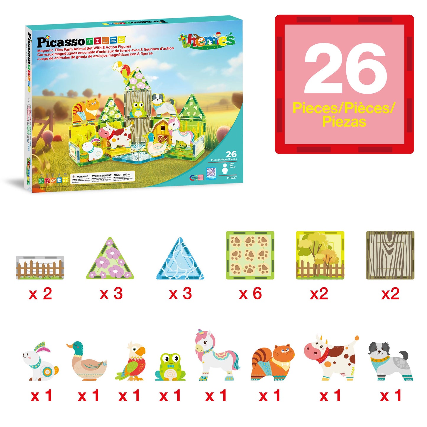 The PicassoTiles 26pc Magnetic Tile Farm Theme Toy Set PTQ27 includes 2 triangles, 3 isosceles triangles, 6 squares, 2 wood-textured tiles, and 9 animal designs—all colorful magnetic pieces by PicassoTiles.