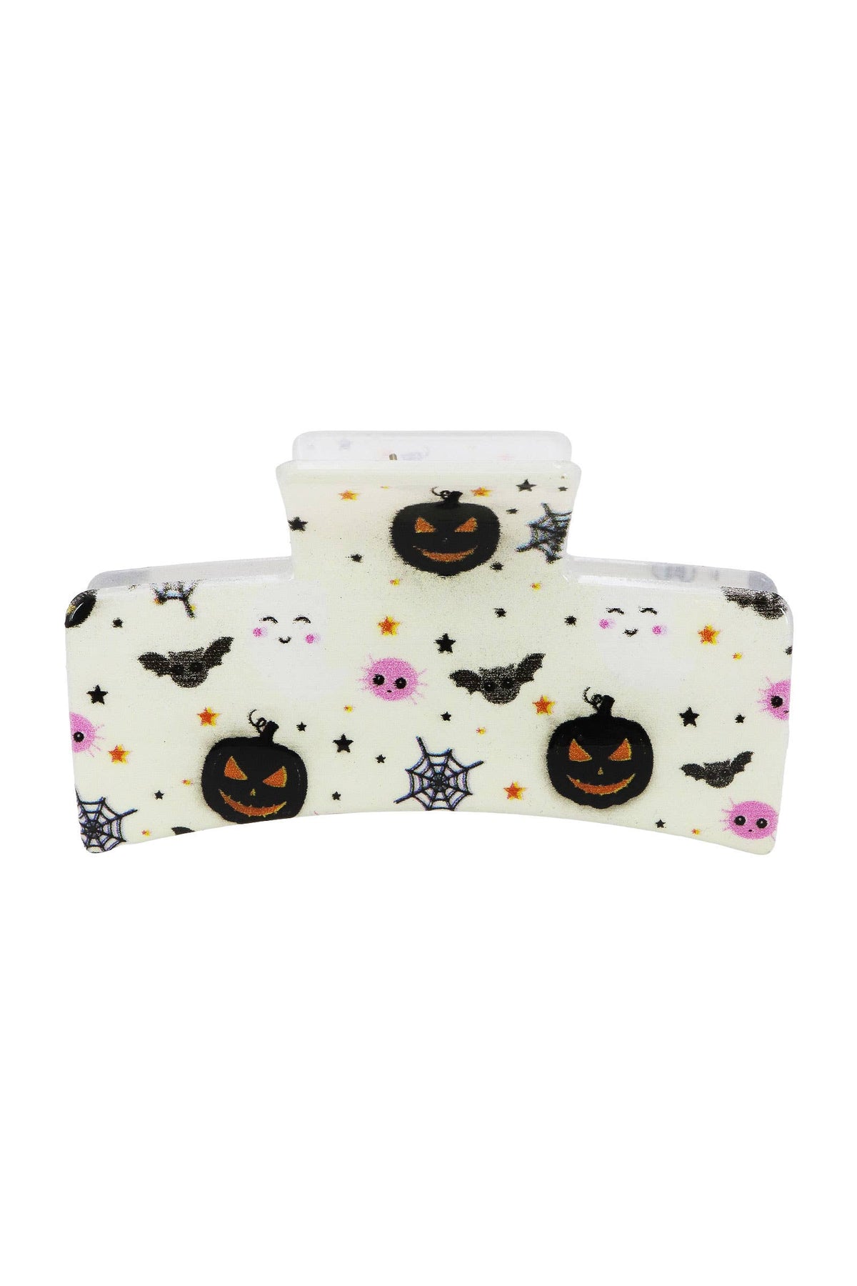 Halloween Hair Claw featuring an off-white hair claw clip decorated with glittery jack-o-lanterns, spiderwebs, bats, and pink starry-eyed creatures.