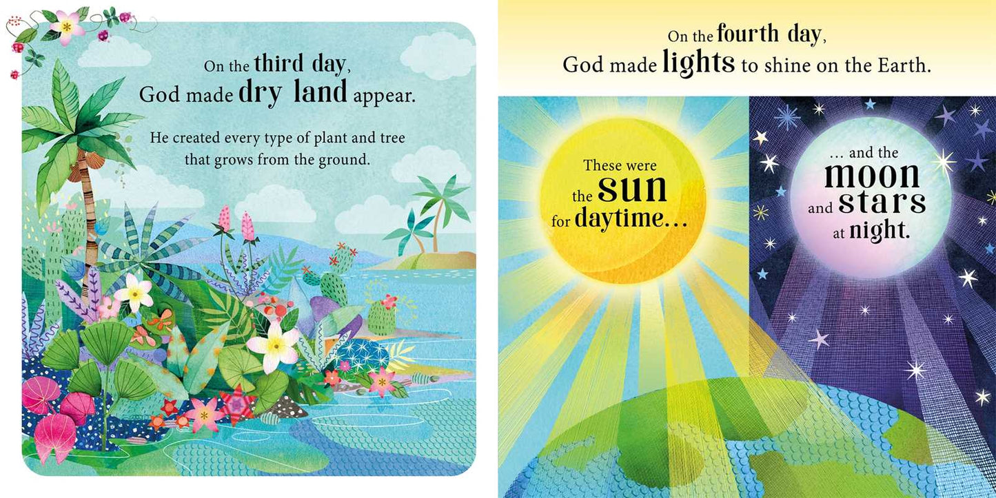 An illustration from Simon & Schuster’s "My First Bible Stories Book" shows the third and fourth days of creation: lush plants on dry land with water nearby, and colorful skies with sun, moon, and stars marking day and night.