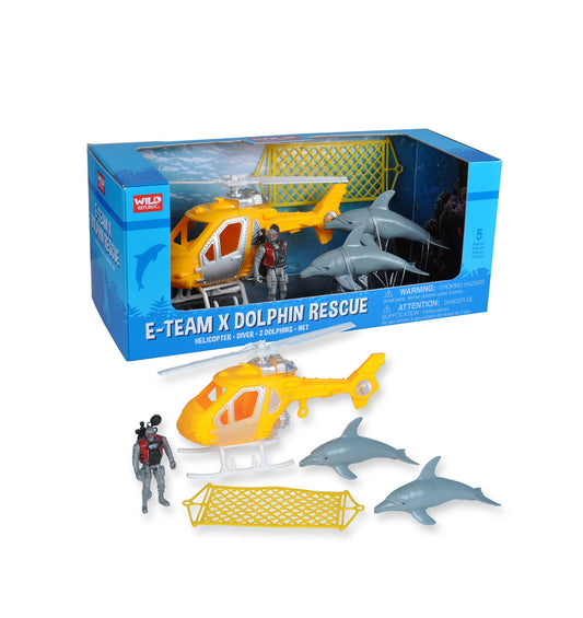 The Wild Republic E-Team Dolphin Toy includes a yellow helicopter, two gray dolphins, a diver figure, and two yellow rescue nets, shown in and outside a blue E-TEAM X DOLPHIN RESCUE box.