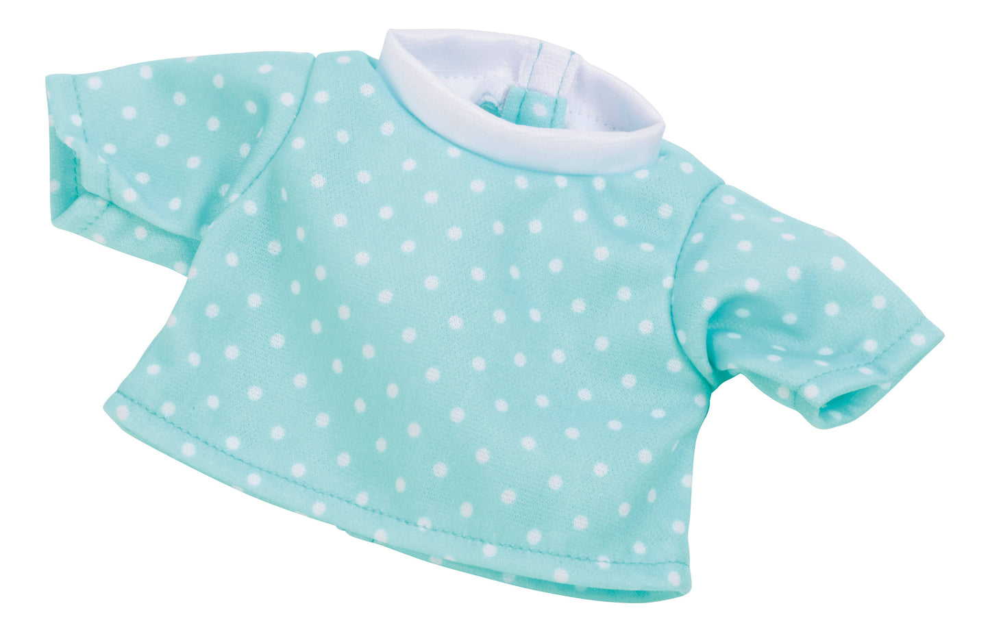 A small, light blue shirt with white polka dots and a white collar—designed for a doll or stuffed animal—is featured as part of the Toysmith My Sweet Baby Deluxe Baby Ensemble 12-Piece Doll Playset, making it perfect for enhancing any doll accessories collection or baby doll playset. The shirt is displayed on a white background.