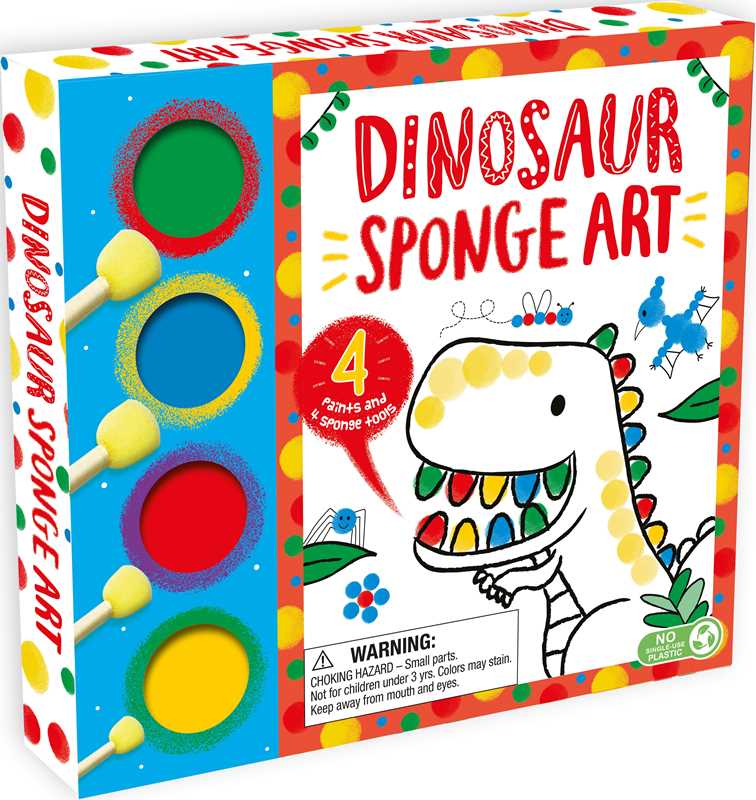 Simon & Schuster’s “Dinosaur Sponge Art Activity Book” includes 4 paint pots (red, blue, green, yellow), 4 sponge tools, and features a cartoon dinosaur with painted eggs. Text highlights paints and sponges. Warning for small parts.