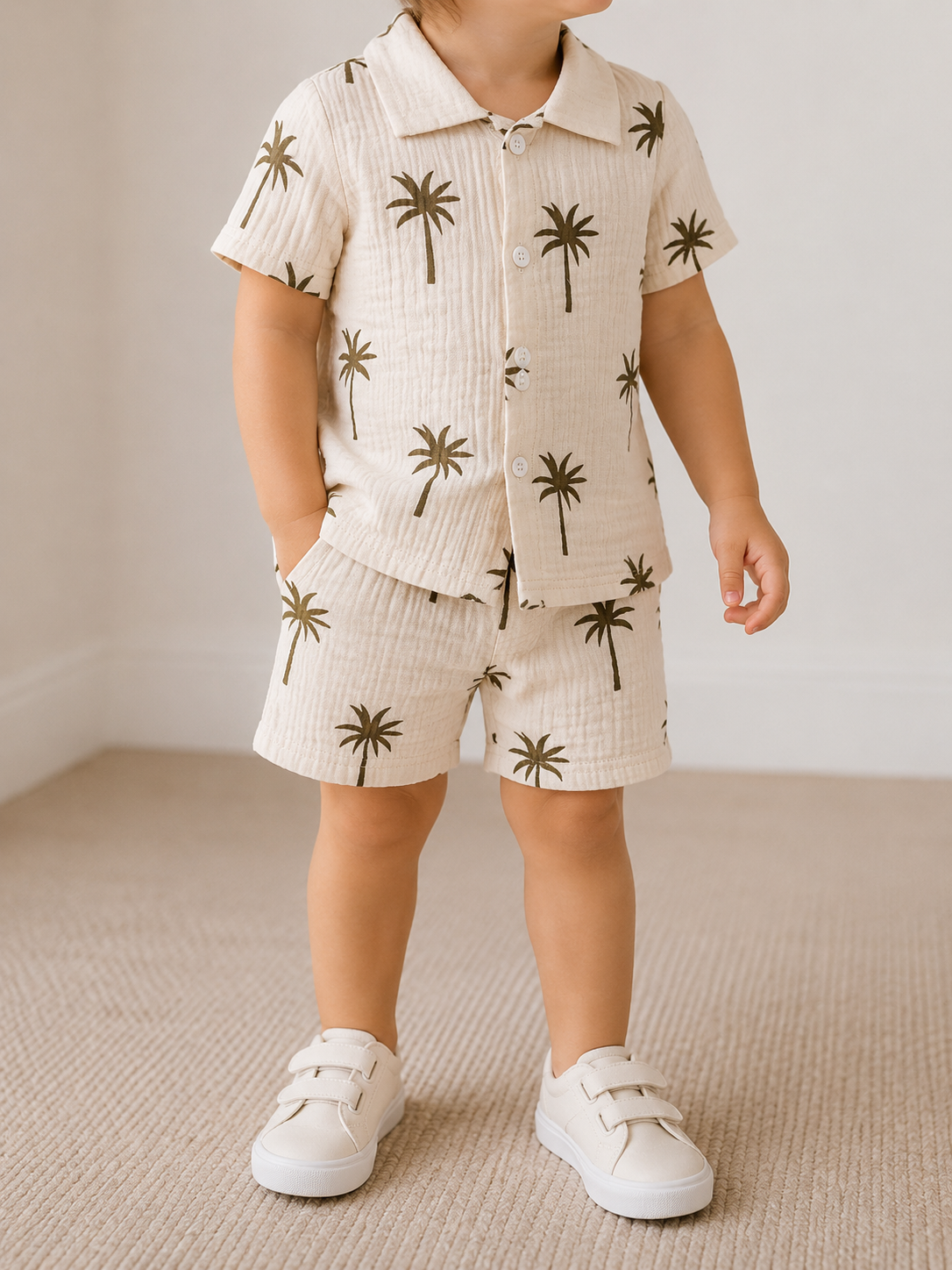 A young child wears the Tiny Tot Bundles Palm Breeze Button Set—a matching beige shirt and shorts with a palm tree print—paired with white sneakers, standing on a light carpet in a neutral room. The child's face is not shown.