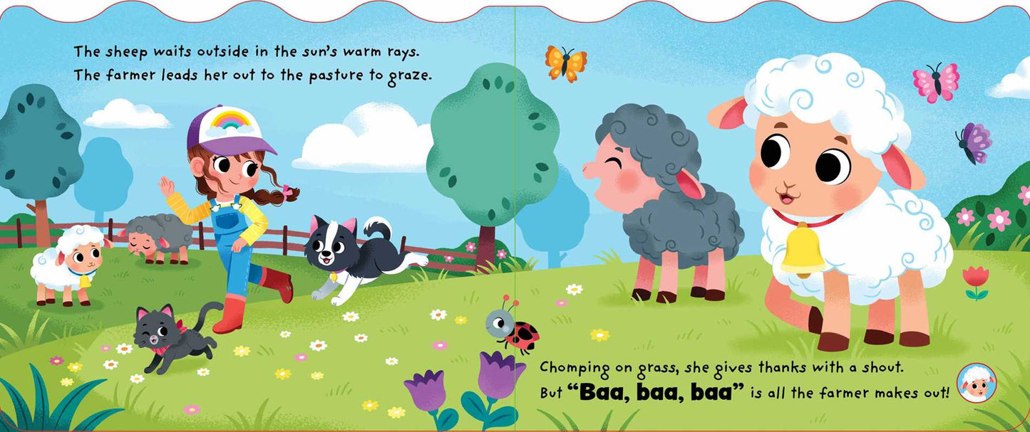 On the cover of Simon & Schuster’s "Moo, Oink, Baa! Book," a farmer with a rainbow hat leads a sheep and black dog outside while two sheep graze on grassy fields among flowers, butterflies, a black cat, clouds, and birds under a blue sky.