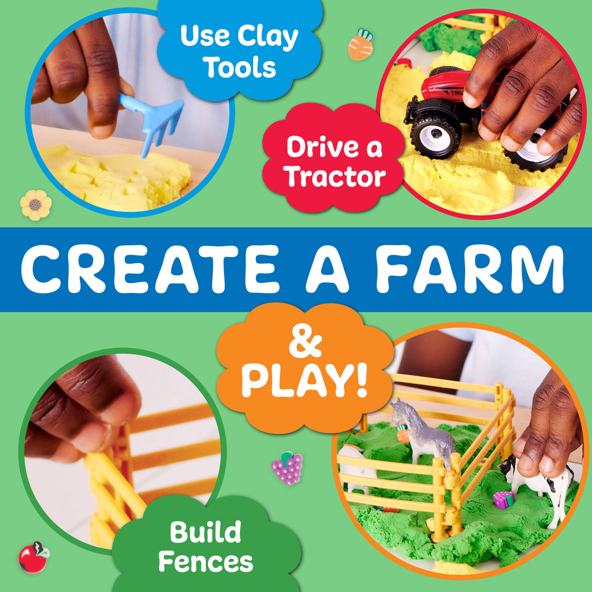 Three images show hands using clay tools, driving a toy tractor, and building fences with toy animals on a play farm set. Text reads: Use Clay Tools, Drive a Tractor, Build Fences. CREATE A FARM & PLAY with the Sensory Pack Farm On the Go Sensory Play Set for Kids by Faber-Castell / Creativity for Kids.