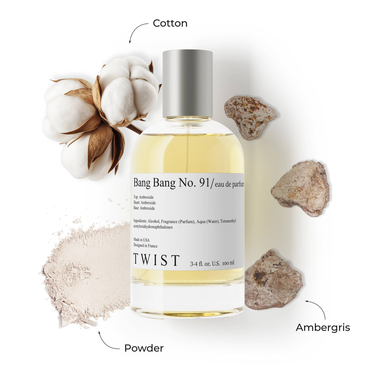 A bottle of House of Twist’s Bang No. 91 Perfume is displayed alongside a cotton flower, beige powder, and grayish ambergris stones, each marked with their respective fragrance notes to evoke the essence of a French scent. This vegan, cruelty-free perfume delivers a long-lasting fragrance for women who value both sophistication and ethical beauty.