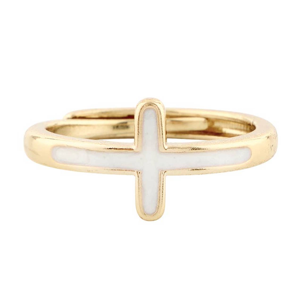 A gold ring from Faithworks by Creative Brands, named the Mother of Pearl Cross Filled Display, featuring a simple and smooth band that highlights a horizontal cross design at the center.