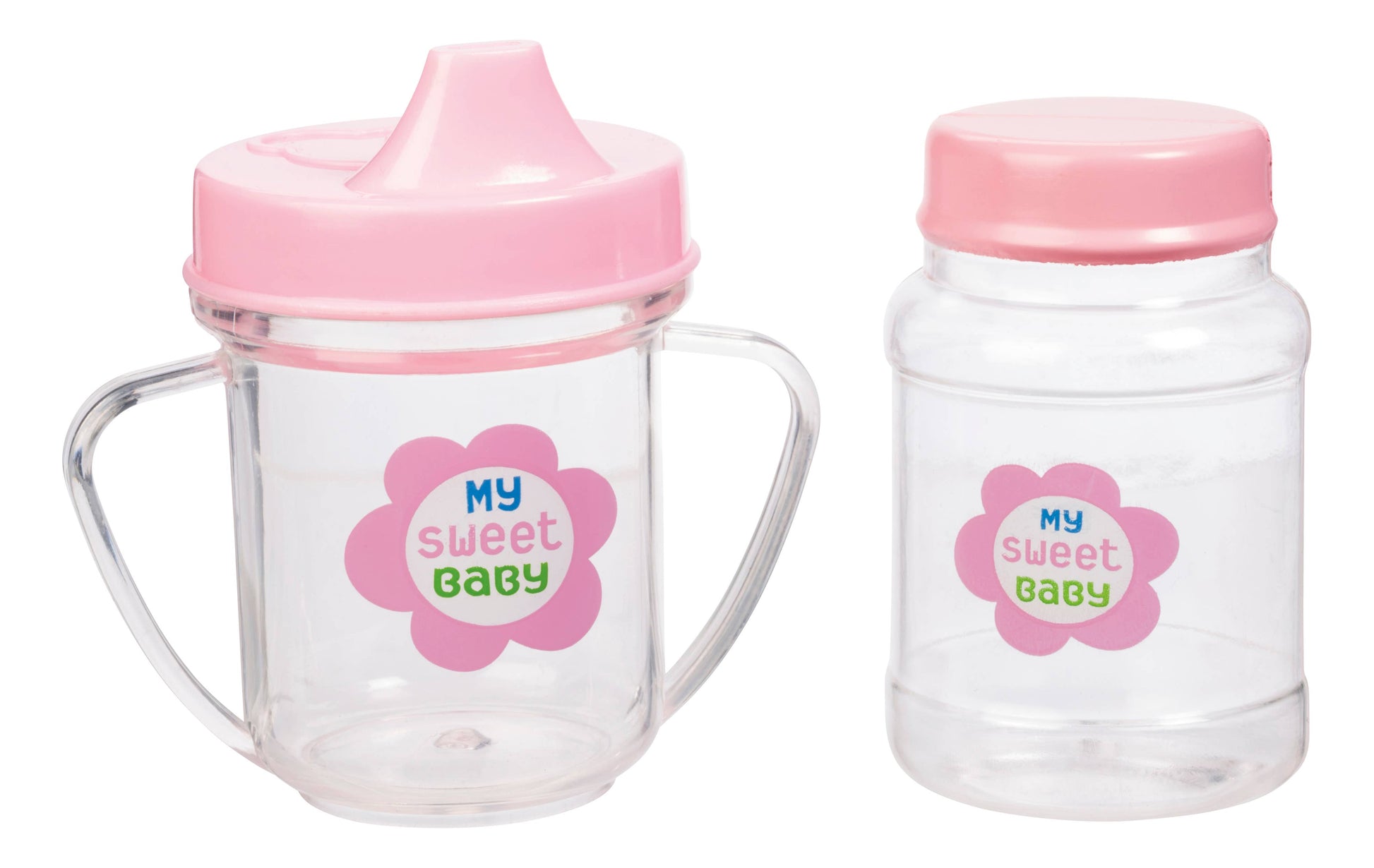 This Toysmith My Sweet Baby Deluxe Baby Ensemble 12-Piece Doll Playset includes two clear plastic containers with pink lids, ideal for pretend play. One is a handled sippy cup with a spout, and the other is a jar; both are adorned with a colorful “My Sweet Baby” flower label and make charming doll accessories.
