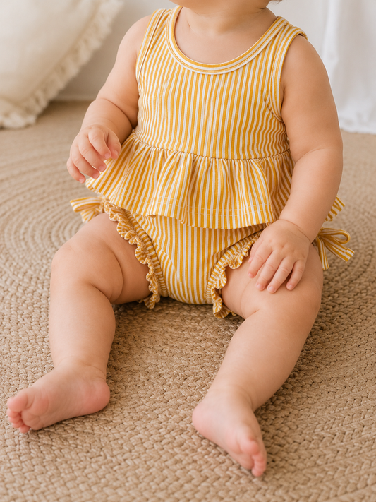 A baby sits on a woven rug wearing the Tiny Tot Bundles Sunshine Stripe Swim Set, a yellow and white striped one-piece with ruffles at the waist and legs. The baby's face is not visible in the image.