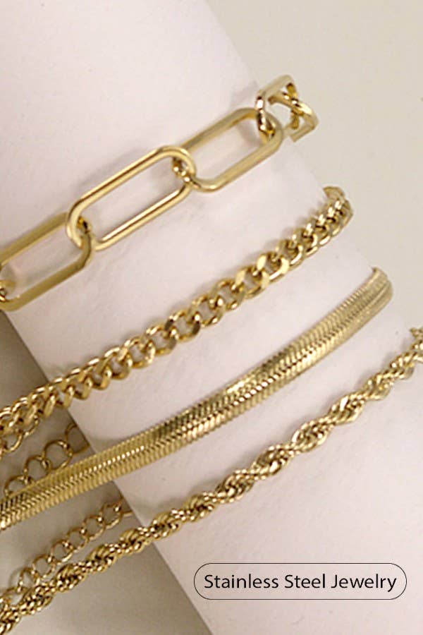 Five Dainty Gold Bracelets by JOSSLYN by wall to wall, crafted from gold-toned stainless steel with a variety of chain styles, are displayed on a white cylindrical holder. The text “Stainless Steel Jewelry” appears in a rounded box at the bottom right.