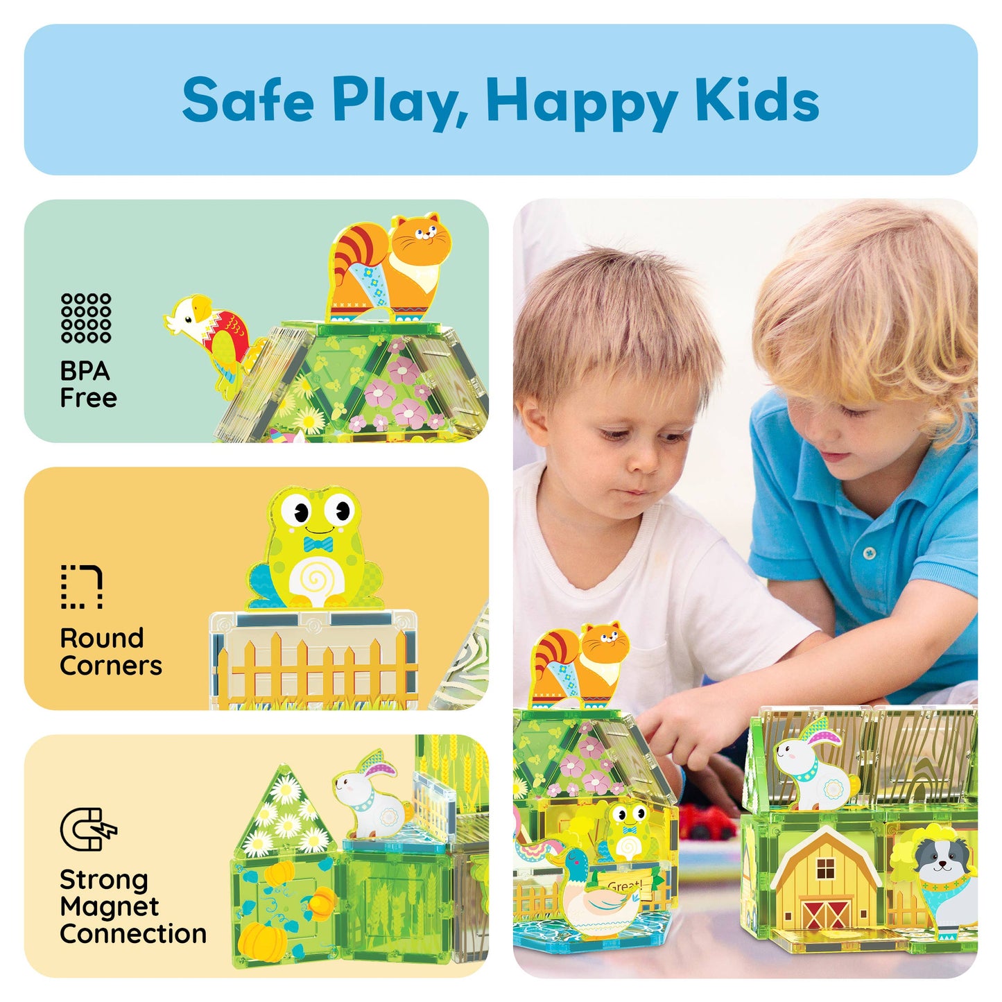 Two boys play with PicassoTiles 26pc Magnetic Tile Farm Theme Toy Set PTQ27. The BPA-free tiles by PicassoTiles feature animal and nature designs, round corners, and strong magnets. Text says “Safe Play, Happy Kids.”.