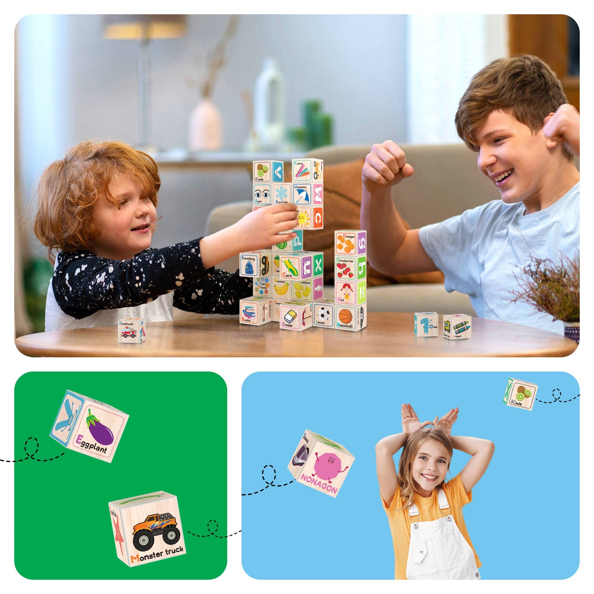 Two children happily play with PicassoTiles 36pc 1" Magnetic Cubes at a table. Below, a smiling girl in orange holds the cubes overhead while two illustrated blocks from the PicassoTiles set float on a green background.