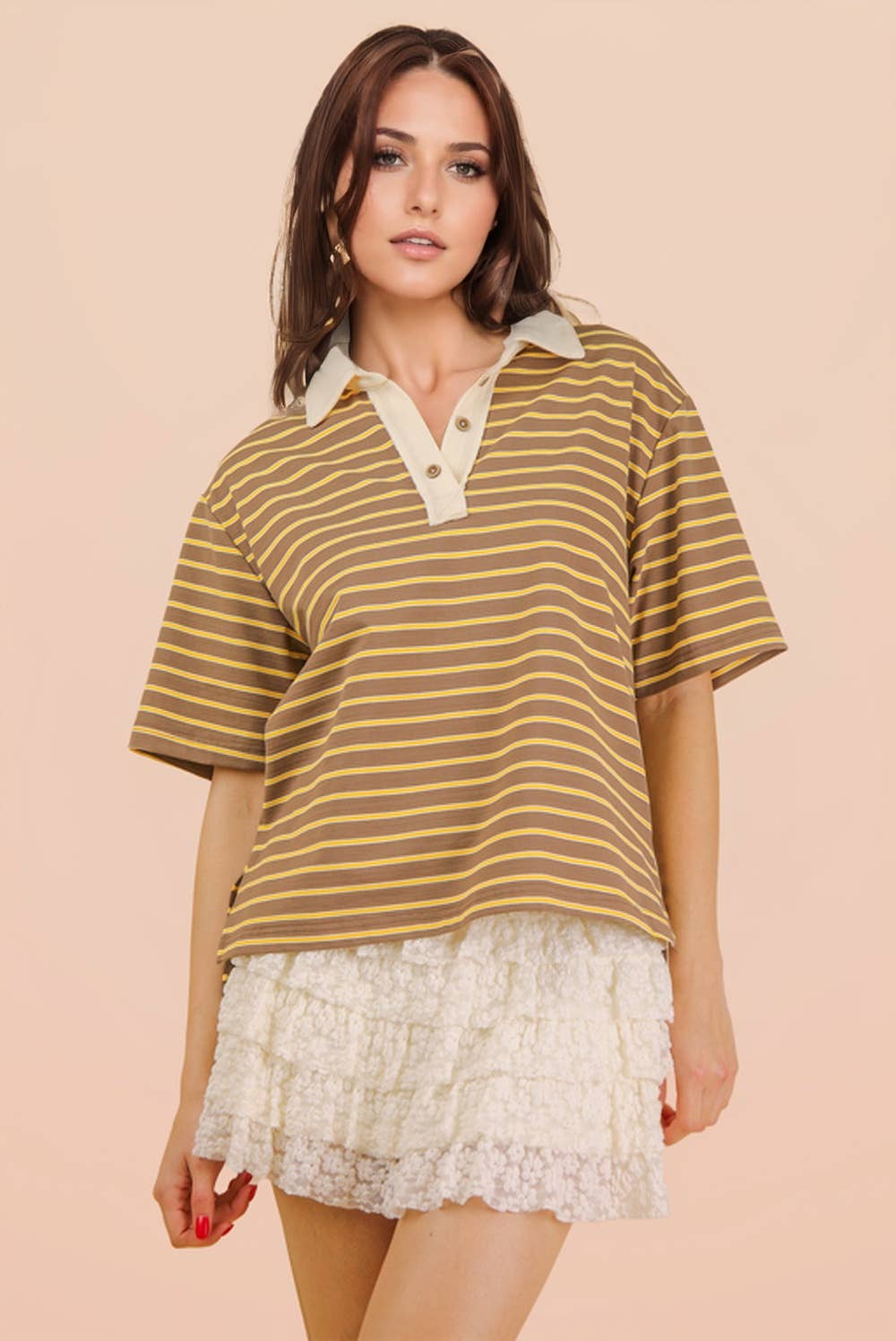 A brown and yellow striped Mocha Oversized Stripe Knit Top with a cream-colored collar and button placket.