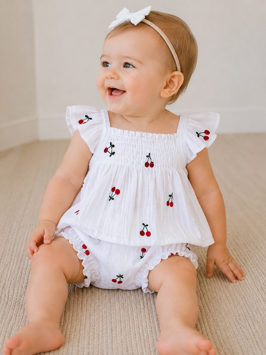 A happy baby in the Tiny Tot Bundles Little Cherry Darling Set—featuring a white headband and a white cherry-patterned outfit—sits on a beige carpet, gazing off to the side.