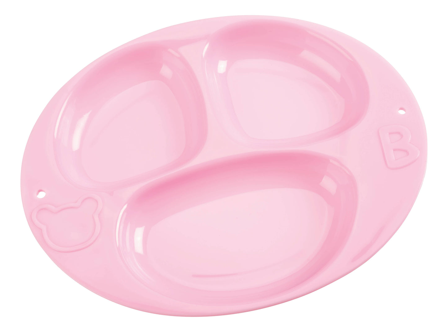 This round, pink divided plate with three sections is perfect for pretend play and features a bear face outline along with a raised letter B on the edge, making it an adorable accessory in the Toysmith My Sweet Baby Deluxe Baby Ensemble 12-Piece Doll Playset.