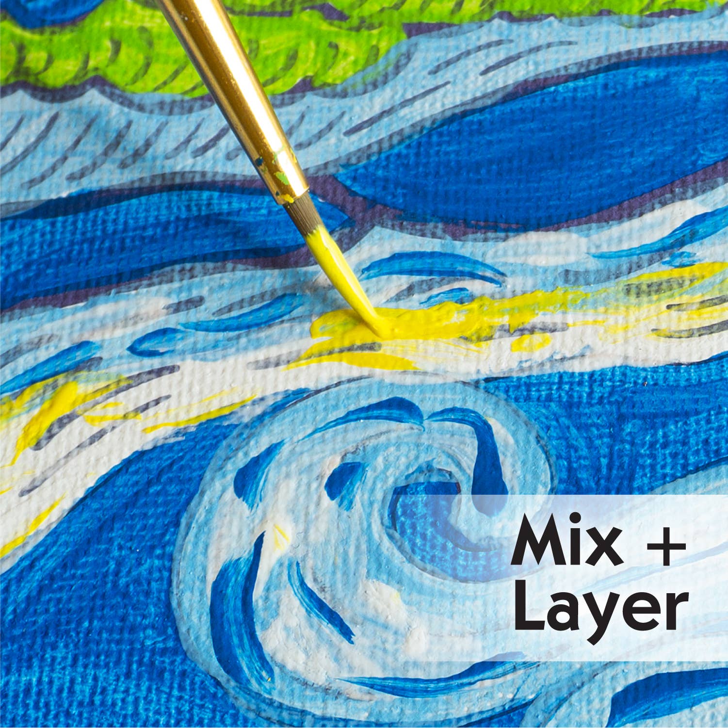 A close-up of a paintbrush adding vibrant yellow to the swirling blue and white canvas of Faber-Castell / Creativity for Kids’ Paint by Number Museum Series – The Starry Night, with “Mix + Layer” text in the lower right corner—perfect inspiration for any beginner artist.