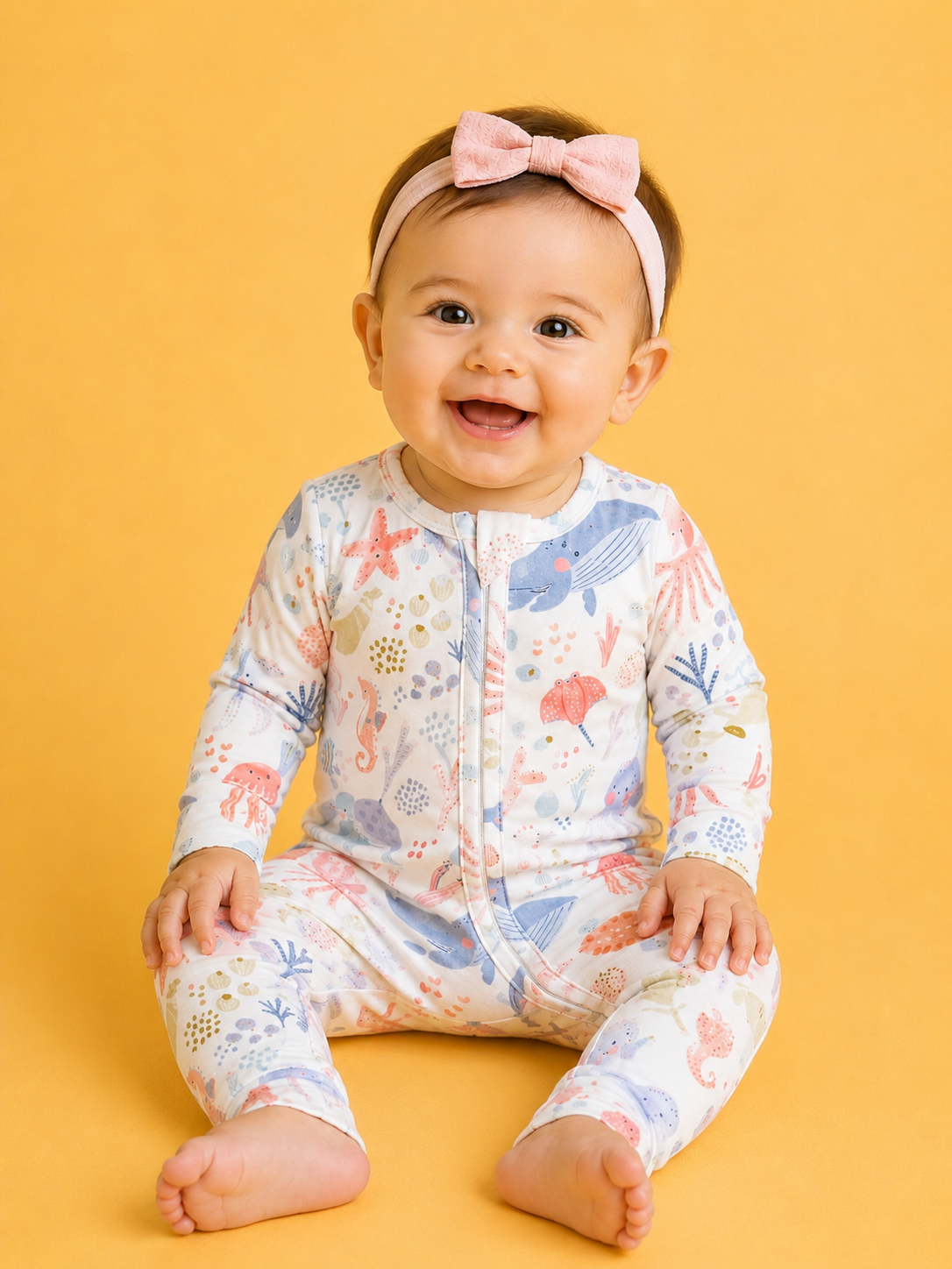 A smiling baby wears the Tiny Tot Bundles Florida Reef Long Zippy patterned onesie and a pink bow headband, sitting against a solid yellow background.